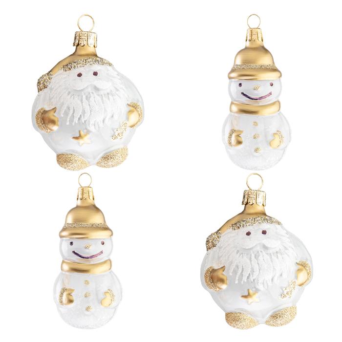 Sklenené vianočné ozdoby bielo-zlatá sada Santa a snehuliak, 4ks