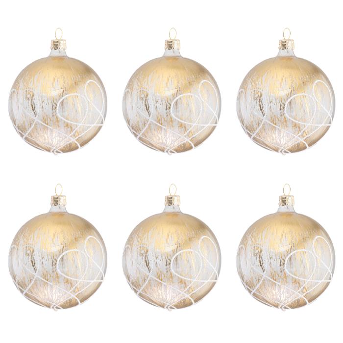 Sklenené vianočné ozdoby bielo-zlaté - Zlaté gule s bielou špirálou, 6 ks