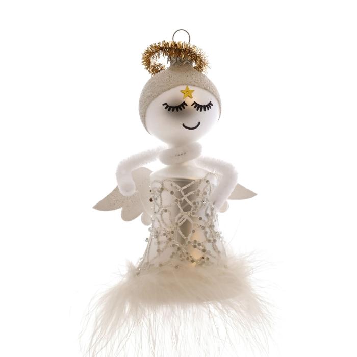 Sklenená ozdoba - Anjel v sukni s pierkami, 1 kus