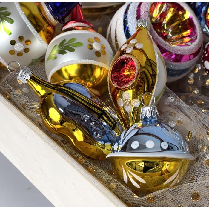 Sklenené vianočné ozdoby Retro - veľká retro sada, 12 ks