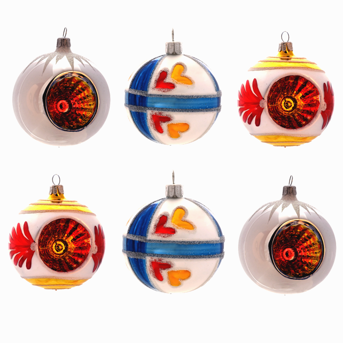 Sklenené vianočné ozdoby Retro - Gule so srdiečkami, 6 ks