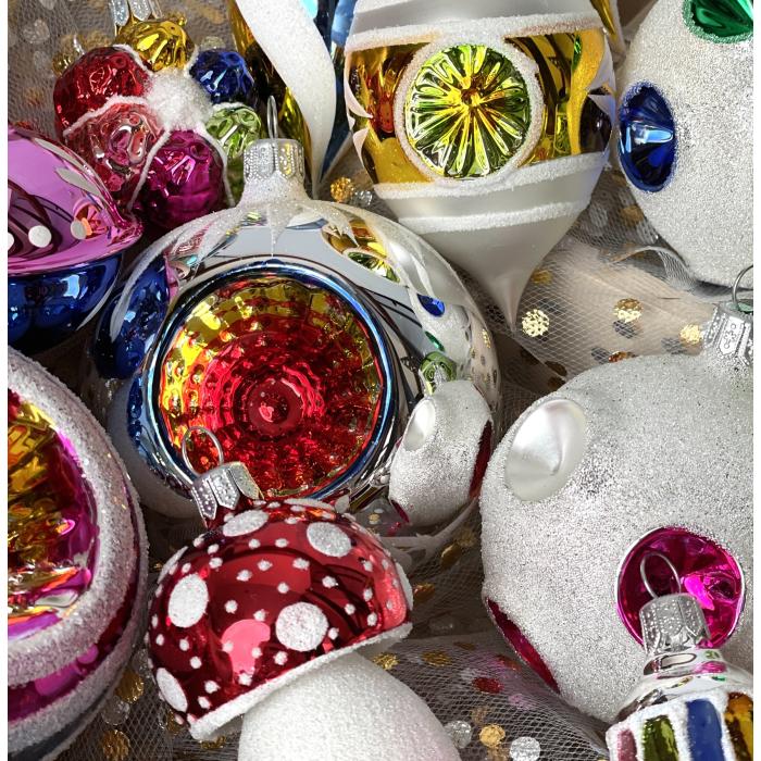 Sklenené vianočné ozdoby Retro - Gule so srdiečkami, 6 ks