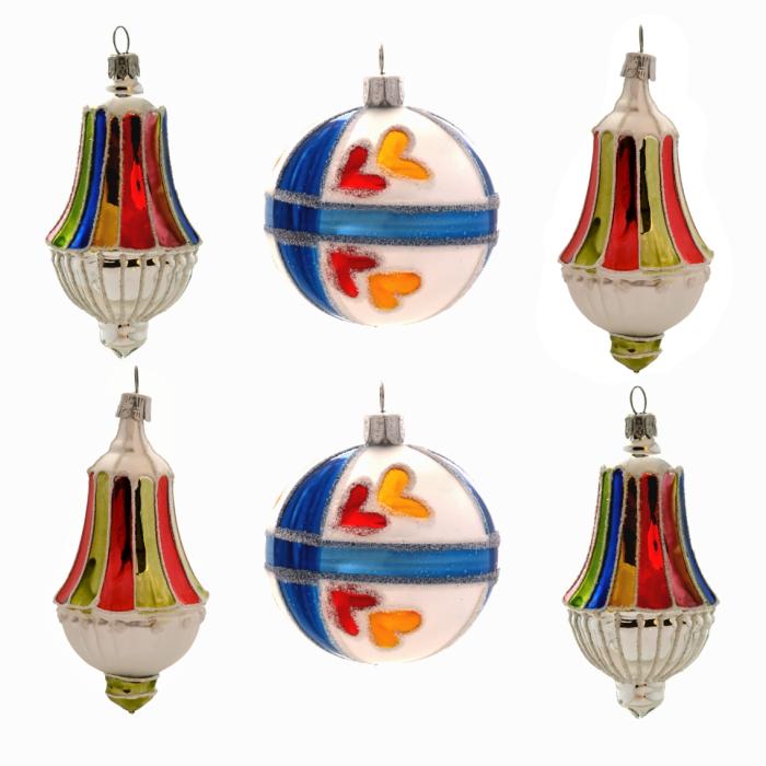 Sklenené vianočné ozdoby Retro - gule so srdiečkami a lampášikmi, 6 ks