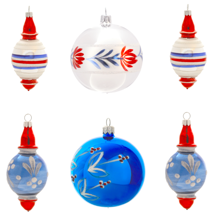 Sklenené vianočné ozdoby Domovina - Kvapky so špicom a guľou, 6 ks