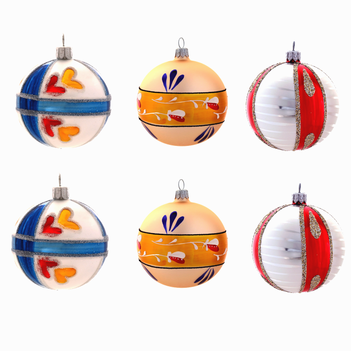 Sklenené vianočné ozdoby Retro - Guľa so srdiečkami a baletným gala, 6 ks