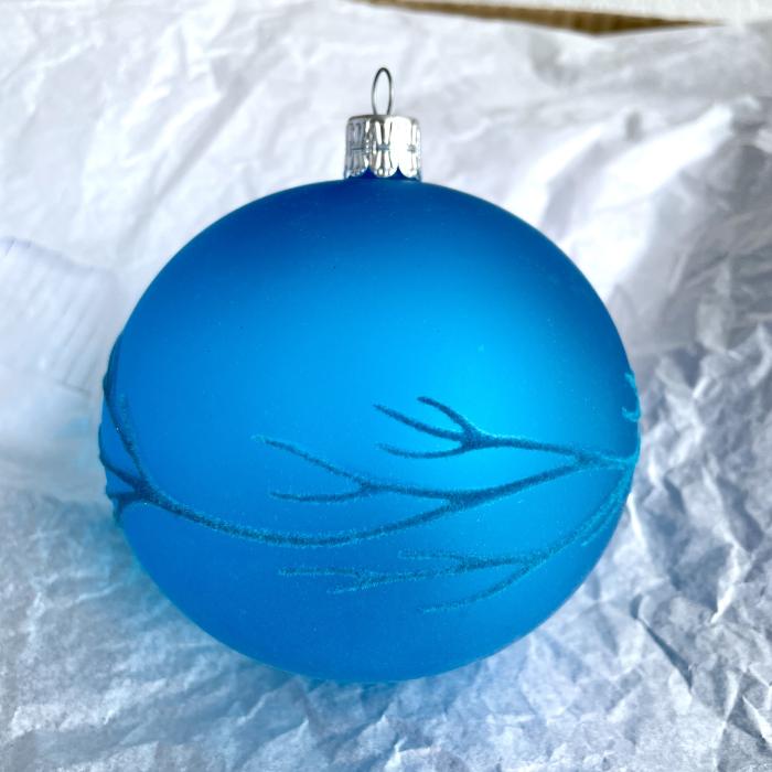 Modrá priehľadná baňka s vetvičkou, 1 ks