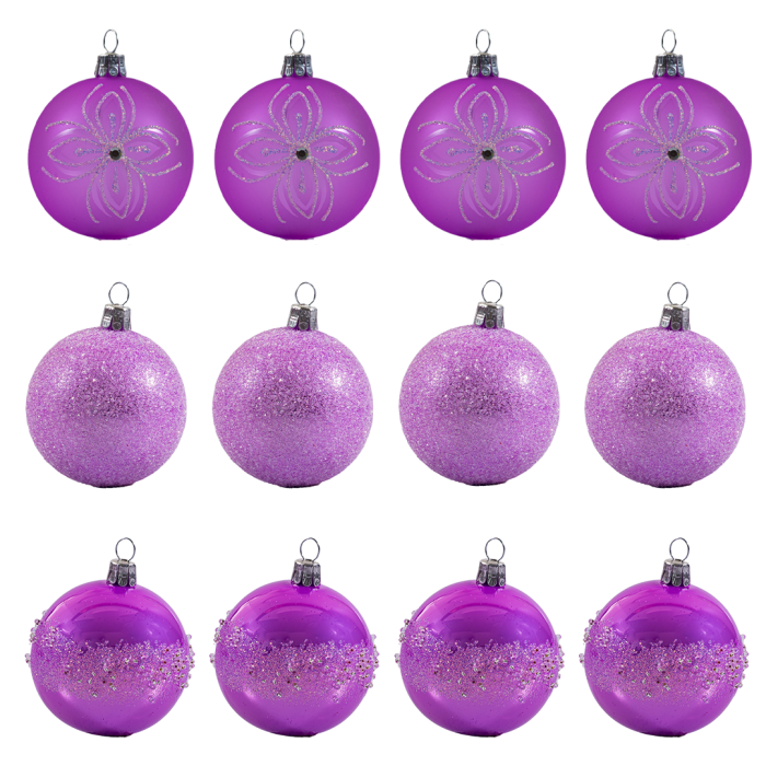 Sklenené vianočné ozdoby basic Lila - Lila sada s ozdobami, 12 ks