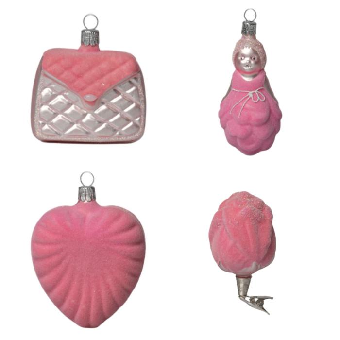 Sklenené vianočné ozdoby basic Pinky - Pinky set s flokovaním, 4 ks