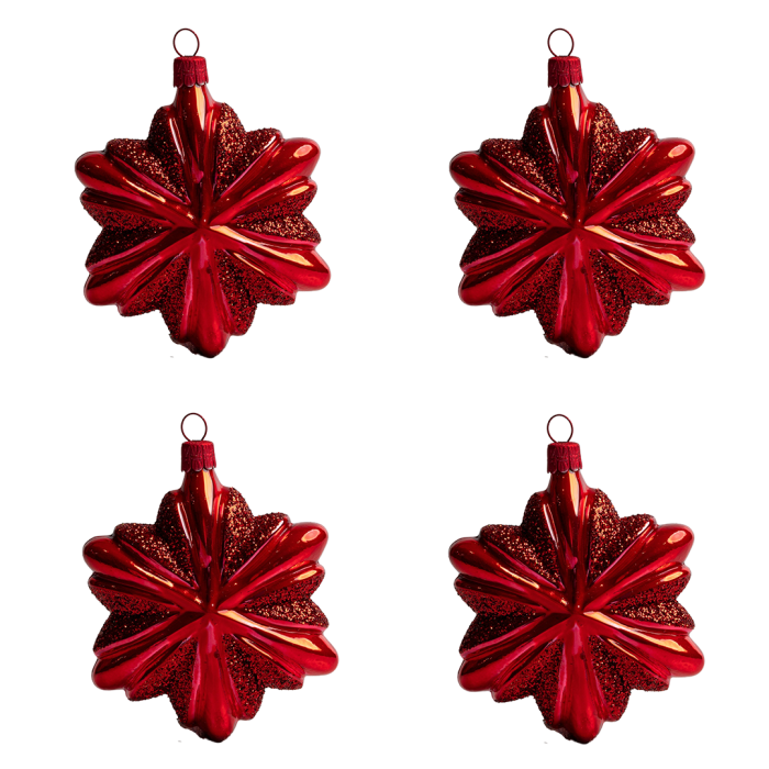 Sklenené vianočné ozdoby basic Červená - Červené snehové vločky, 4 ks