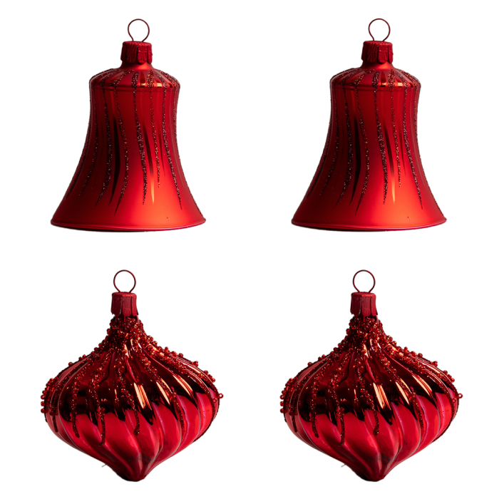 Sklenené vianočné ozdoby základné Červená - Červené zvončeky a cibule, 4 ks