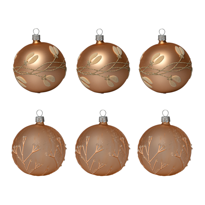 Sklenené vianočné ozdoby basic Caramel - Karamelové imelo a vetvičky, 6 ks