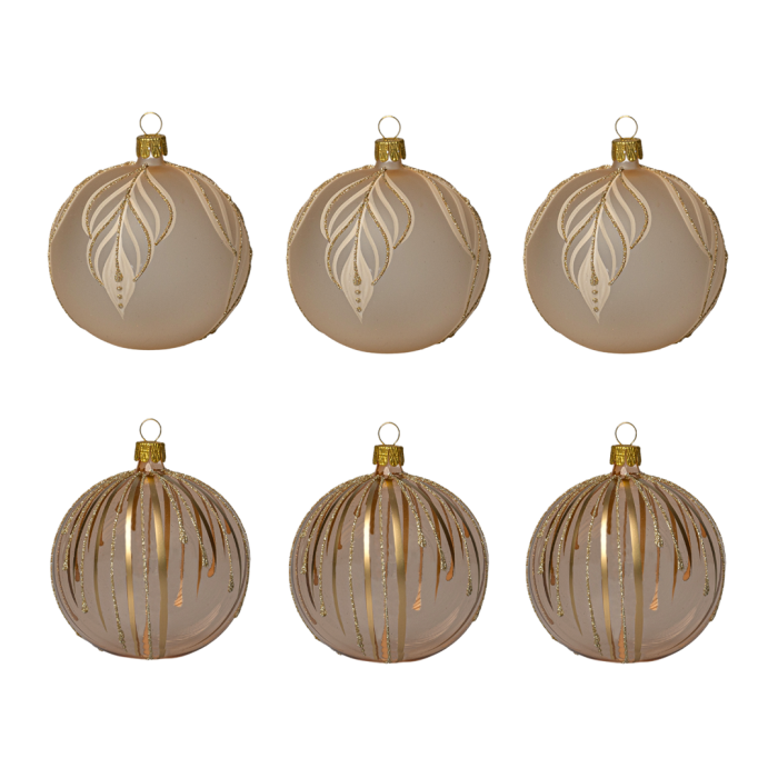 Sklenené vianočné ozdoby basic Caramel - Karamelové listy a prúžky, 6 ks