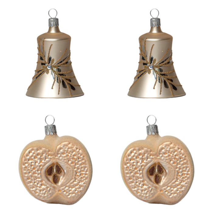 Sklenené vianočné ozdoby basic Caramel - Karamelový zvonček a jablko, 4 ks