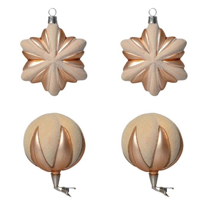 Sklenené vianočné ozdoby basic Caramel - Karamelová snehová vločka a bavlnený stromček, 4 ks