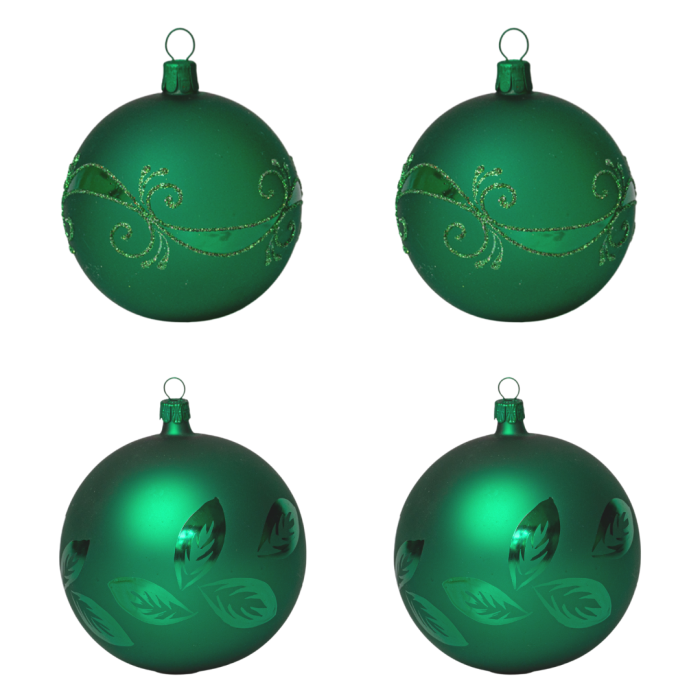 Sklenené vianočné ozdoby basic Green - Zelené listy, 4 ks