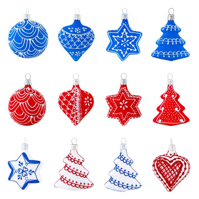 Sklenené vianočné ozdoby vlastenecké perníky - veľká sada, 12 ks