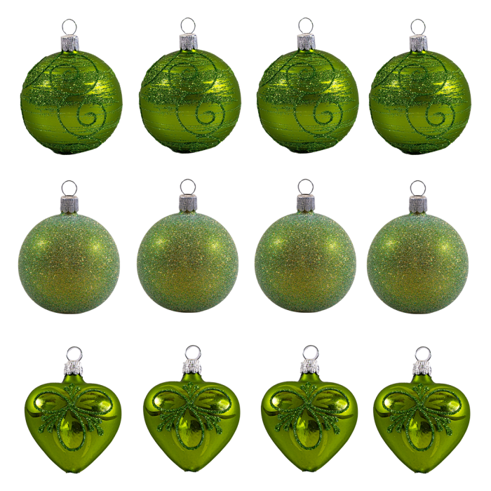 Sklenené vianočné ozdoby základné Mach - Machové srdiečka a gule, 12 ks