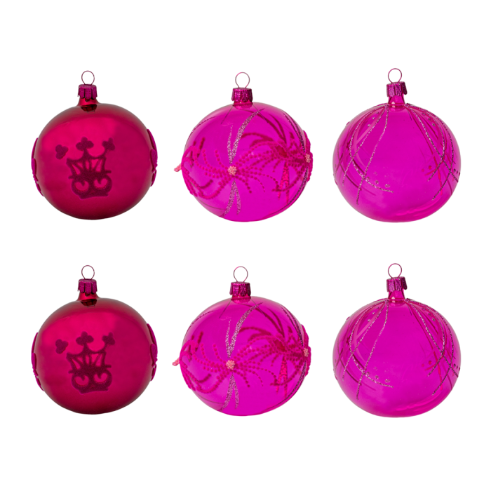 Sklenené vianočné ozdoby basic Magenta - Magenta koruna a kvety, 6 ks