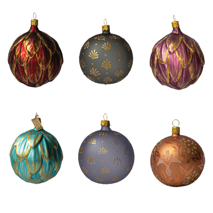 Sada vianočných dekorácií secesné artičoky a banky, 6 ks