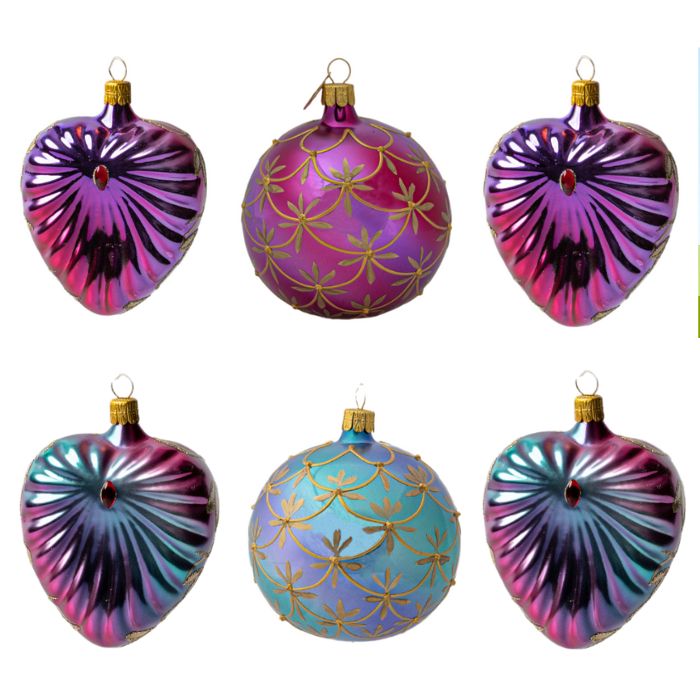 Sada vianočných ozdôb Secese so srdiečkami, 6 ks