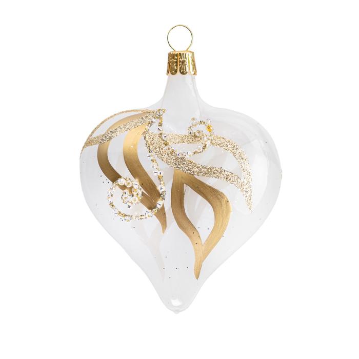 Sklenené vianočné ozdoby bielo-zlaté srdiečko so zlatou špirálou, 4 ks