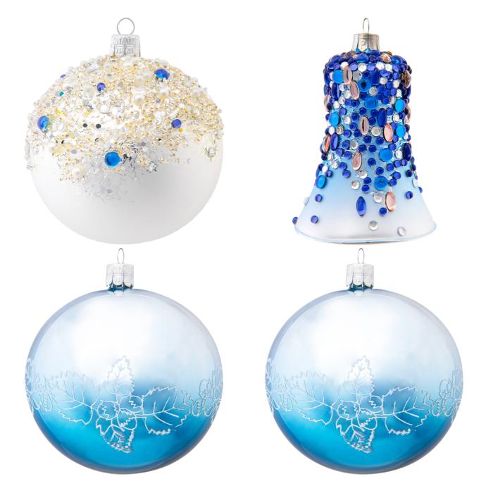Sada sklenených vianočných ozdôb - Popoluškin zvonček a veľké gule, 4 ks