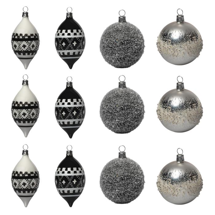 Veľká sada vianočných ozdôb čierna a biela 12 ks