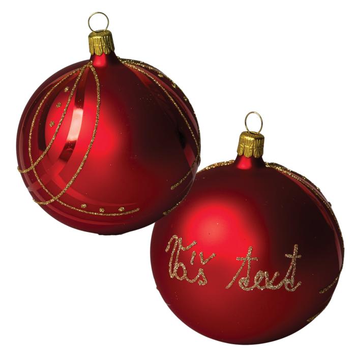 Sklenená ozdoba s menom / textom - zlaté stuhy (8 cm)