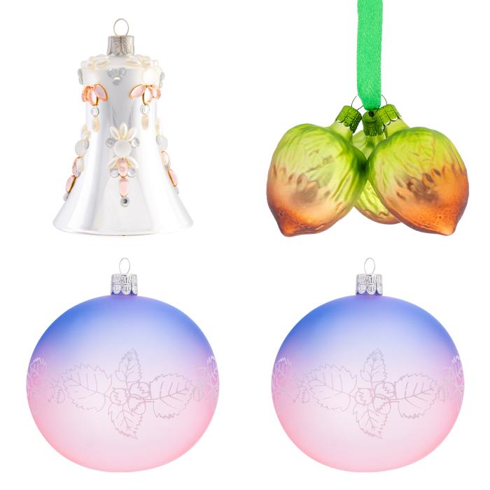 Sada sklenených vianočných ozdôb - Zvonček, oriešky a ružová a modrá guľa, 4 ks