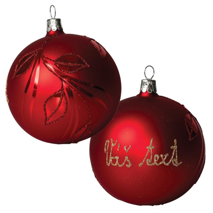 Sklenený ornament s menom / textom - listy vo farbe ornamentu (10 cm)