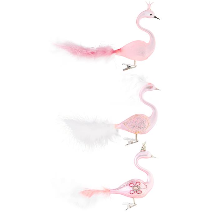 Sada sklenených vianočných ozdôb - Labute ružové, 3 ks