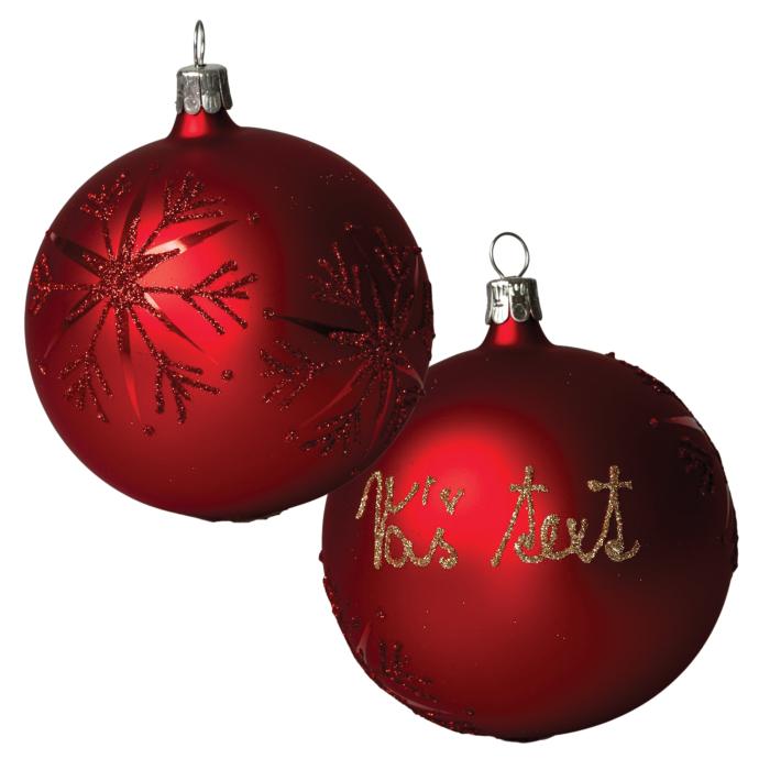 Sklenený ornament s názvom / textom - vločky vo farbe ornamentu (10 cm)