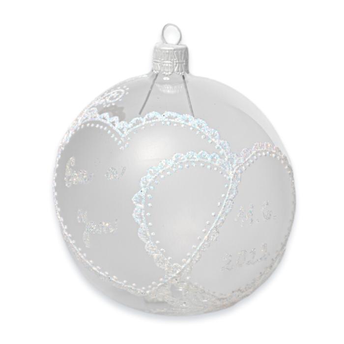 Svadobná sklenená guľa - dve srdcia (12 cm)