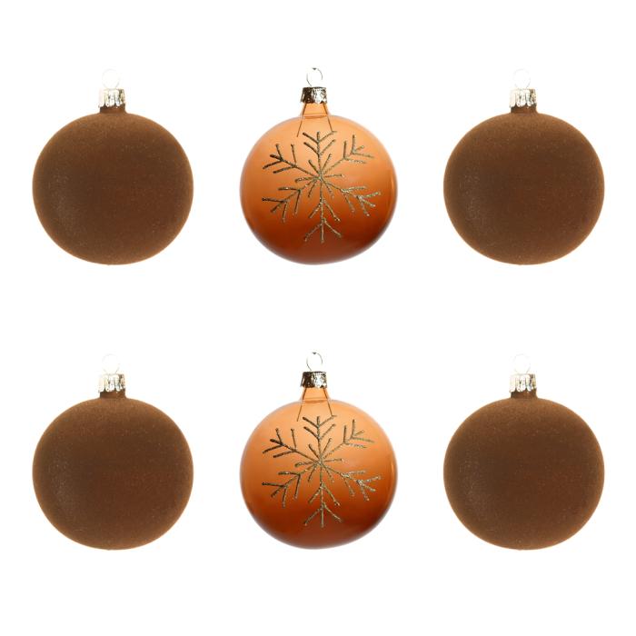 Sada sklenených vianočných ozdôb - zamatová baňka a ozdoba v podobe snehovej vločky, 6 ks