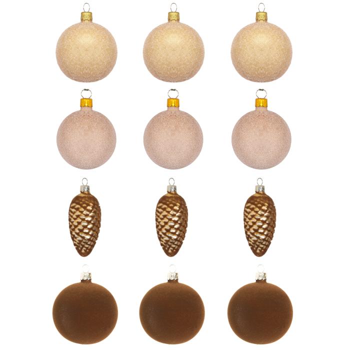 Sada sklenených vianočných ozdôb - snehové vločky, šišky a machové gule, 12 ks