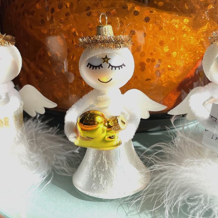 Sklenená ozdoba - Anjel so žltým srdcom, 1 kus