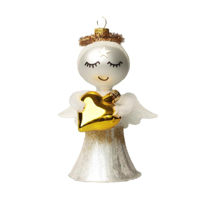 Sklenená ozdoba - Anjel so žltým srdcom, 1 kus