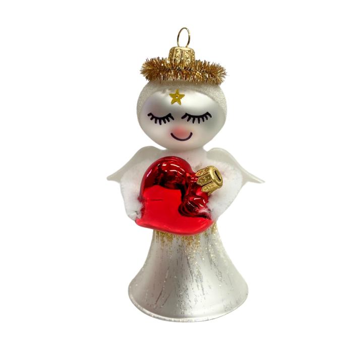 Sklenená ozdoba - Anjel s červeným srdcom, 1 kus