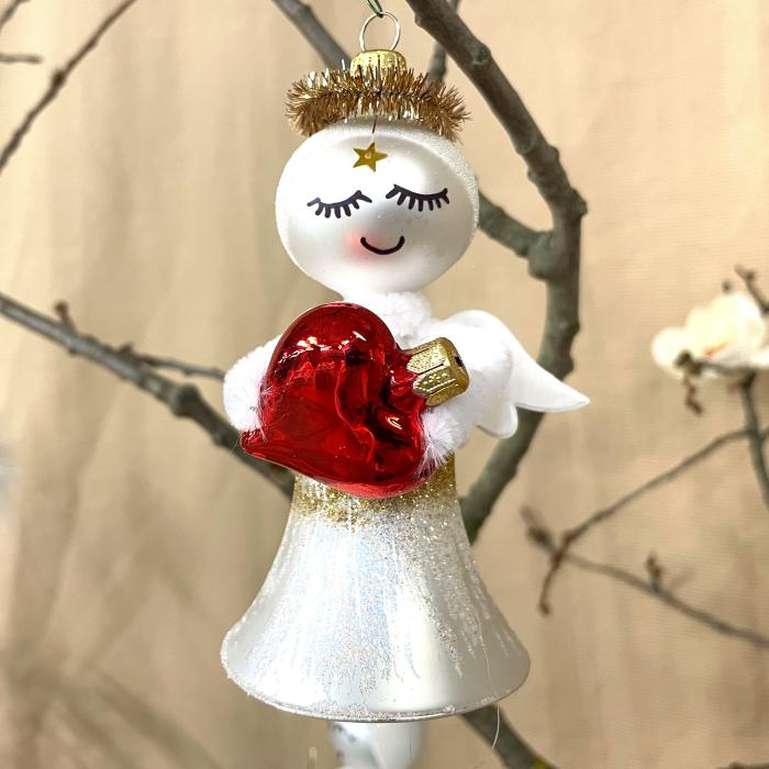 Sklenená ozdoba - Anjel s červeným srdcom, 1 kus