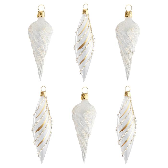 Sklenené vianočné ozdoby bielo-zlatá sada - Rampúch a kvapka, 6 ks