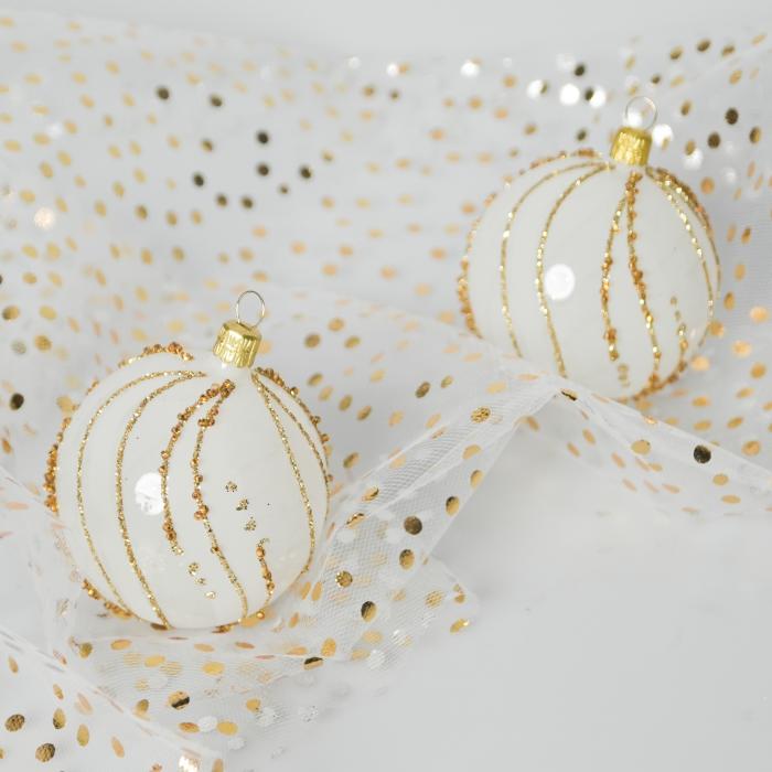 Sklenené vianočné ozdoby v bielej a zlatej farbe - Golden Aces, 4 ks