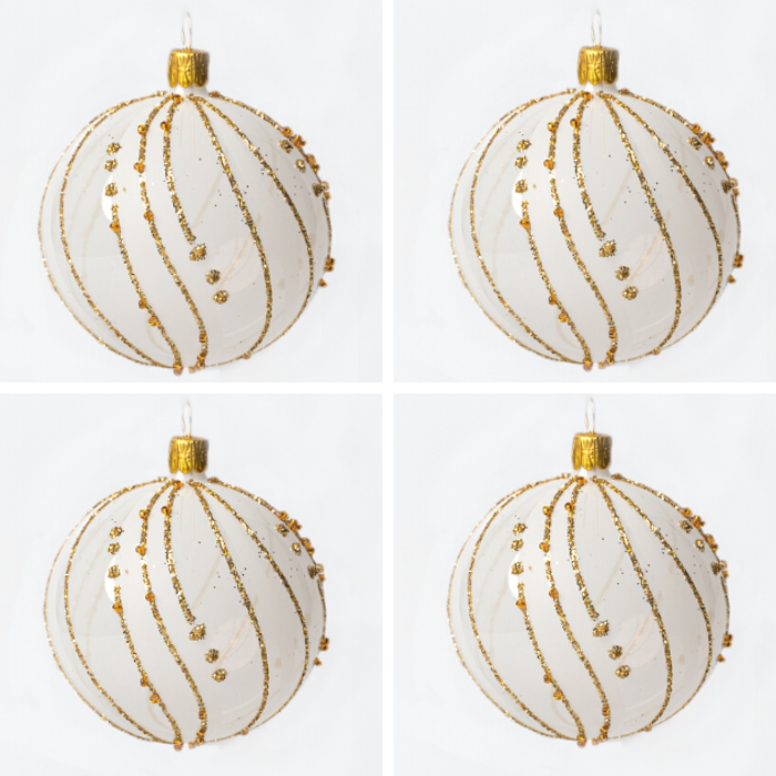 Sklenené vianočné ozdoby v bielej a zlatej farbe - Golden Aces, 4 ks