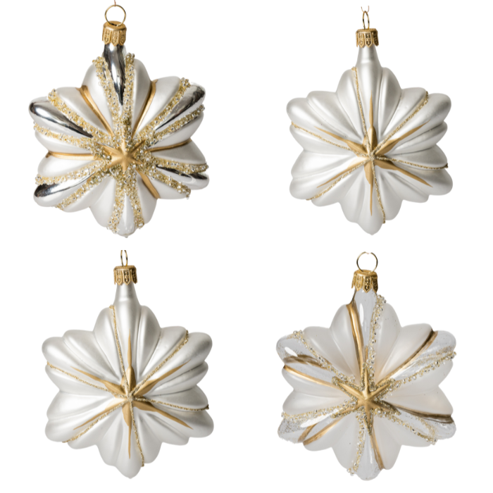 Sklenené vianočné ozdoby bielo-zlatá sada - Hviezdy, 4 ks