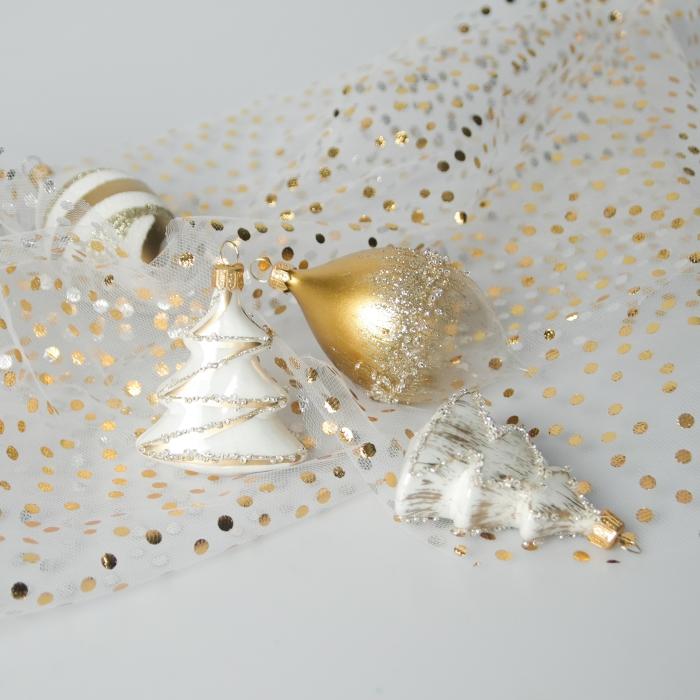 Sklenené vianočné ozdoby bielo-zlatá sada - Olivy a stromčeky, 12 ks