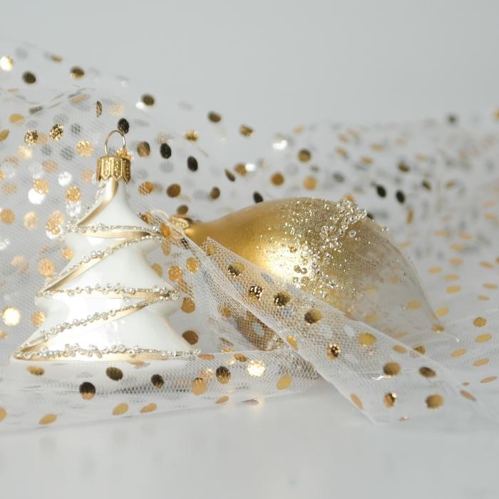 Sklenené vianočné ozdoby bielo-zlatá sada - Olivy a stromčeky, 12 ks