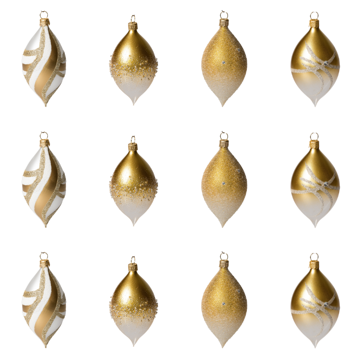 Sklenené vianočné ozdoby bielo-zlatá sada - Olivy, 12 ks