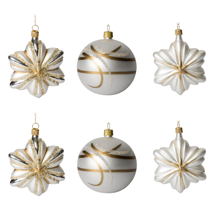 Sklenené vianočné ozdoby bielo-zlatá sada - Hviezdy s guľami, 6 ks