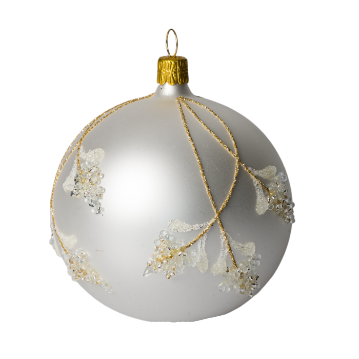 Sklenené vianočné ozdoby bielo-zlatá sada - Zvončeky s guľôčkami, 6 ks