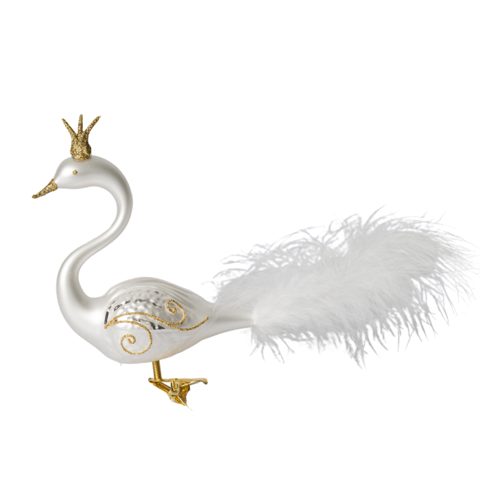 Sklenené vianočné ozdoby bielo-zlatá sada - Labutí pár s korunkou a pierkom, 2 ks