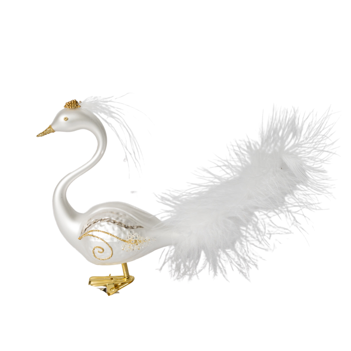 Sklenené vianočné ozdoby bielo-zlatá sada - Labutí pár s korunkou a pierkom, 2 ks